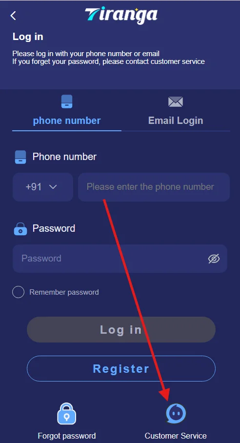 Click the Customer Service option on the Login page